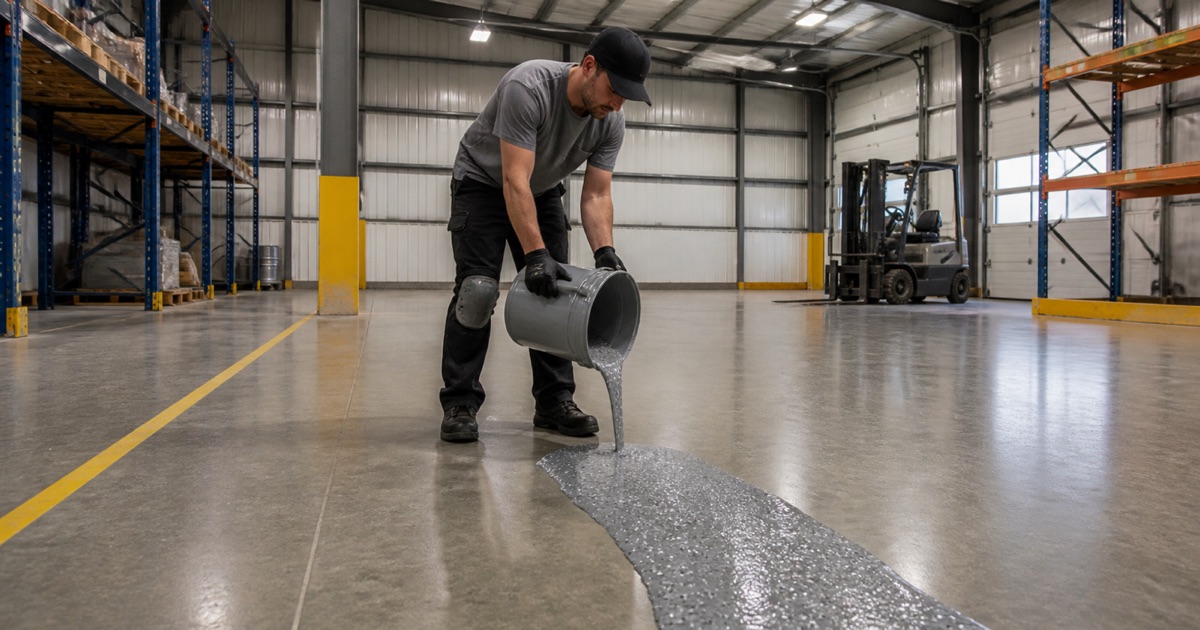 Worker tipping a plain pail of urethane cement onto a warehouse slab beside racking legs