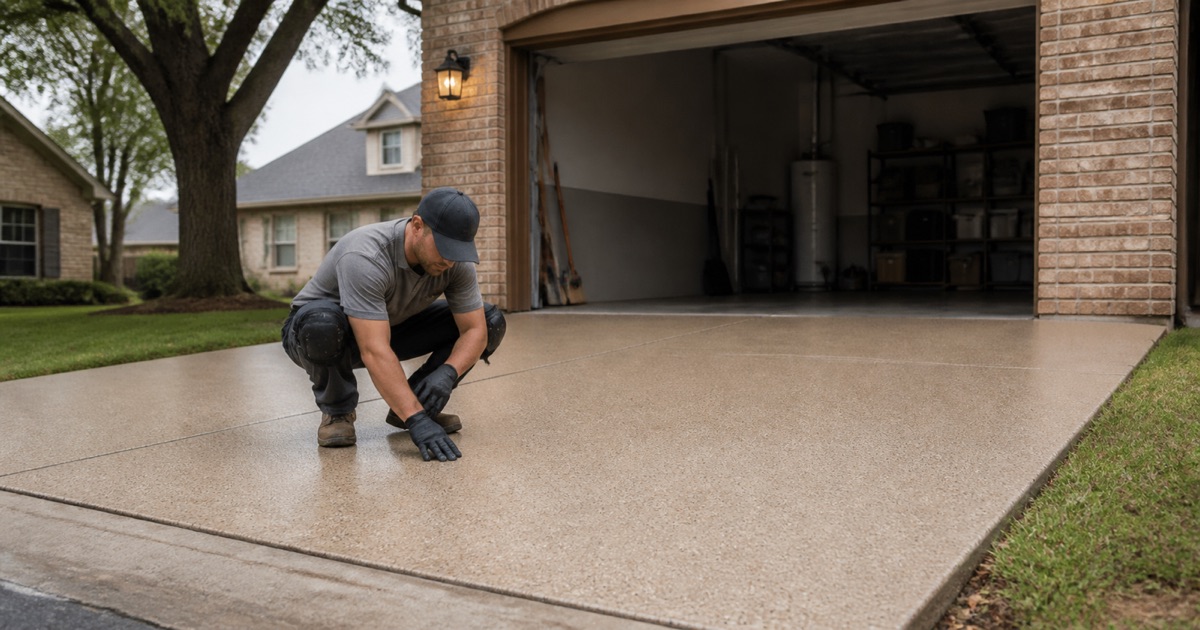 Gloved hand pressed flat on a coated driveway slab at the apron edge