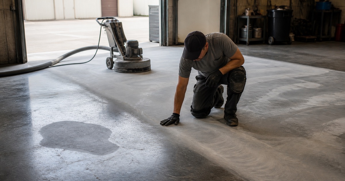 Worker’s flat palm on a freshly ground slab checking the opened surface profile