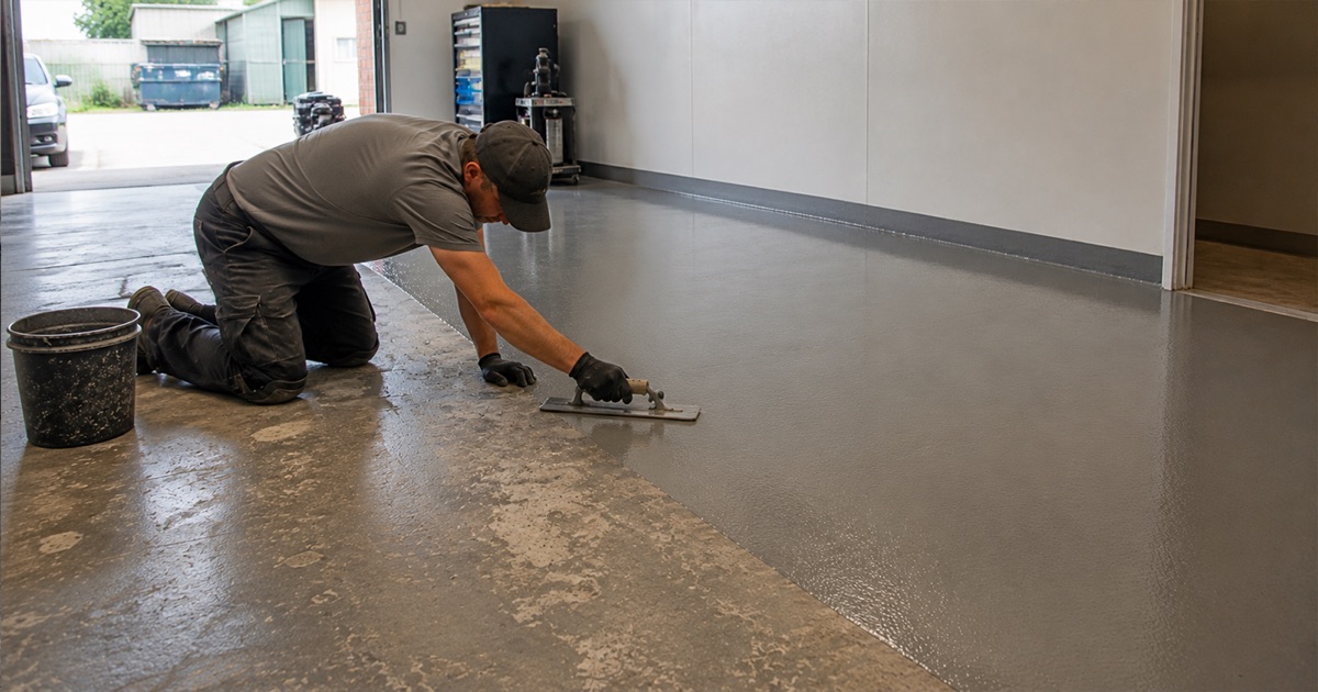 Worker pressing a magnesium float flat across a fresh cementitious overlay on an interior slab