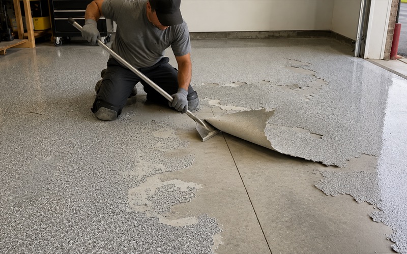 Worker lifting a sheet of failed coating away from a slab, clean concrete exposed beneath
