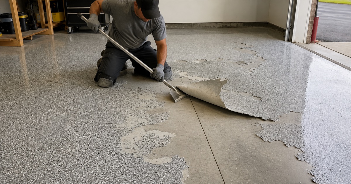 Worker lifting a sheet of failed coating away from a slab, clean concrete exposed beneath