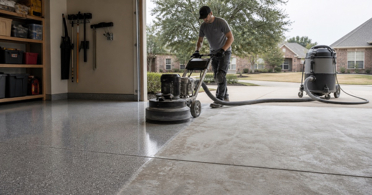 Installer running a walk-behind grinder across a College Station garage slab, half the floor opened to bare concrete