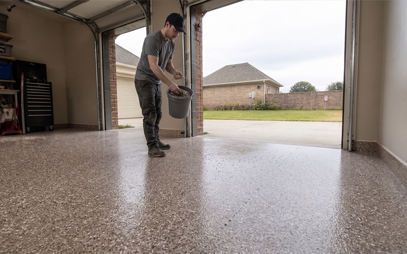 Worker casting vinyl flake across a wet epoxy base coat in a College Station garage bay