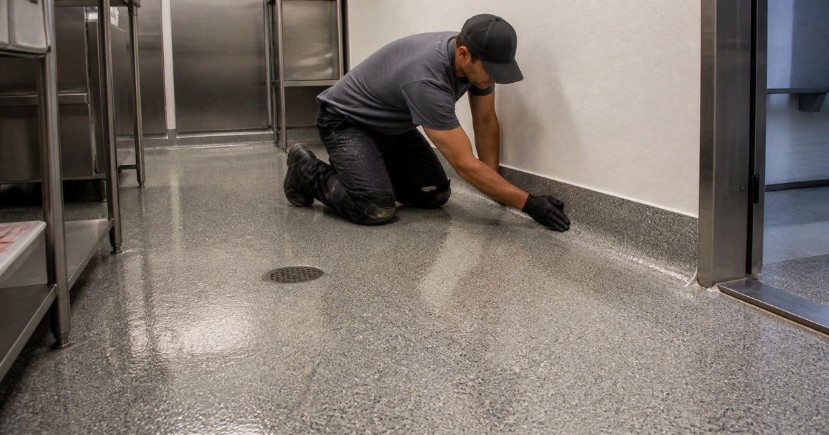 Gloved hand smoothing an integral coved base where a resinous kitchen floor curves up to the wall