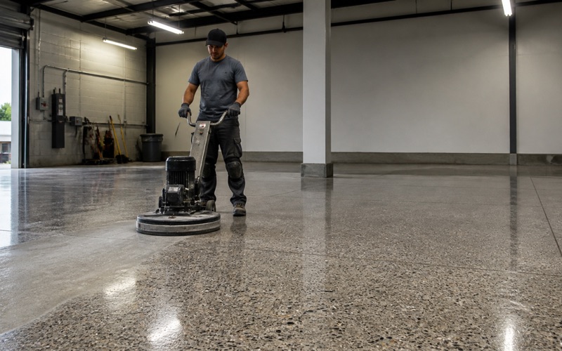 Two hands on the handlebar of a planetary polisher working a large interior concrete slab