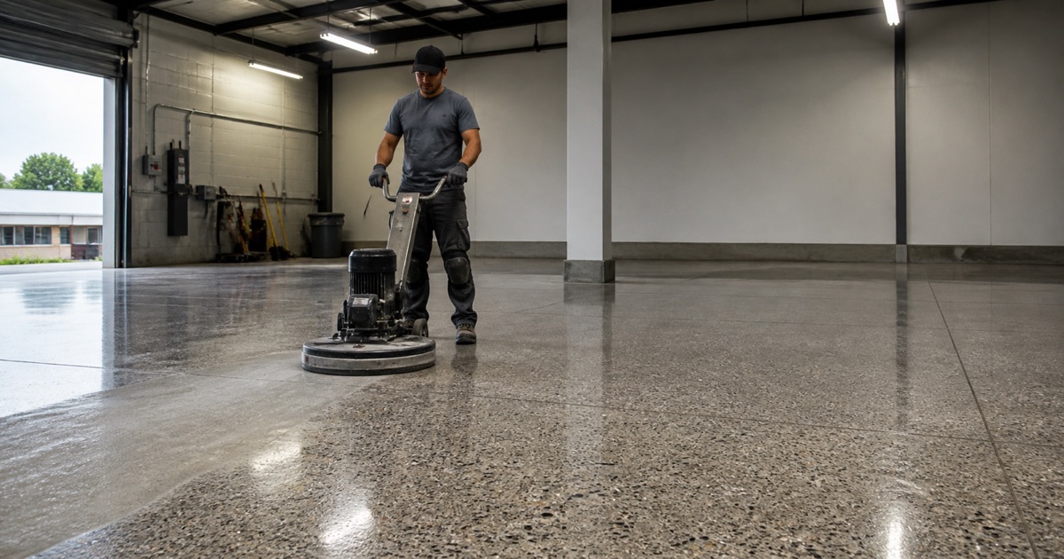 Two hands on the handlebar of a planetary polisher working a large interior concrete slab