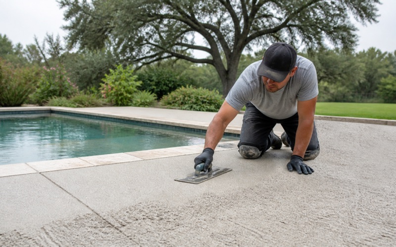 Gloved hand pressing a knockdown trowel flat across a fresh textured pool deck overlay