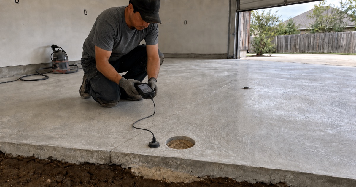 Worker kneeling beside a relative humidity probe sleeve set into a drilled hole in a bare concrete slab