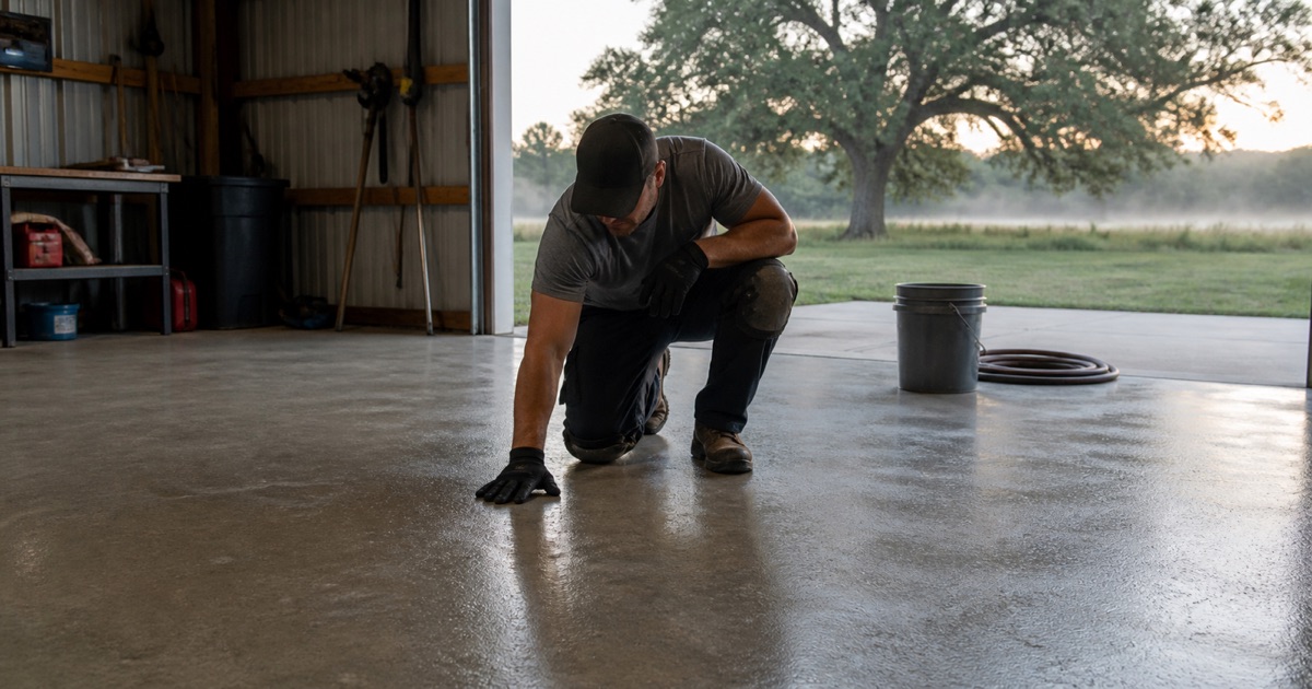 Open palm laid flat on a damp slab at first light, the concrete still holding overnight moisture