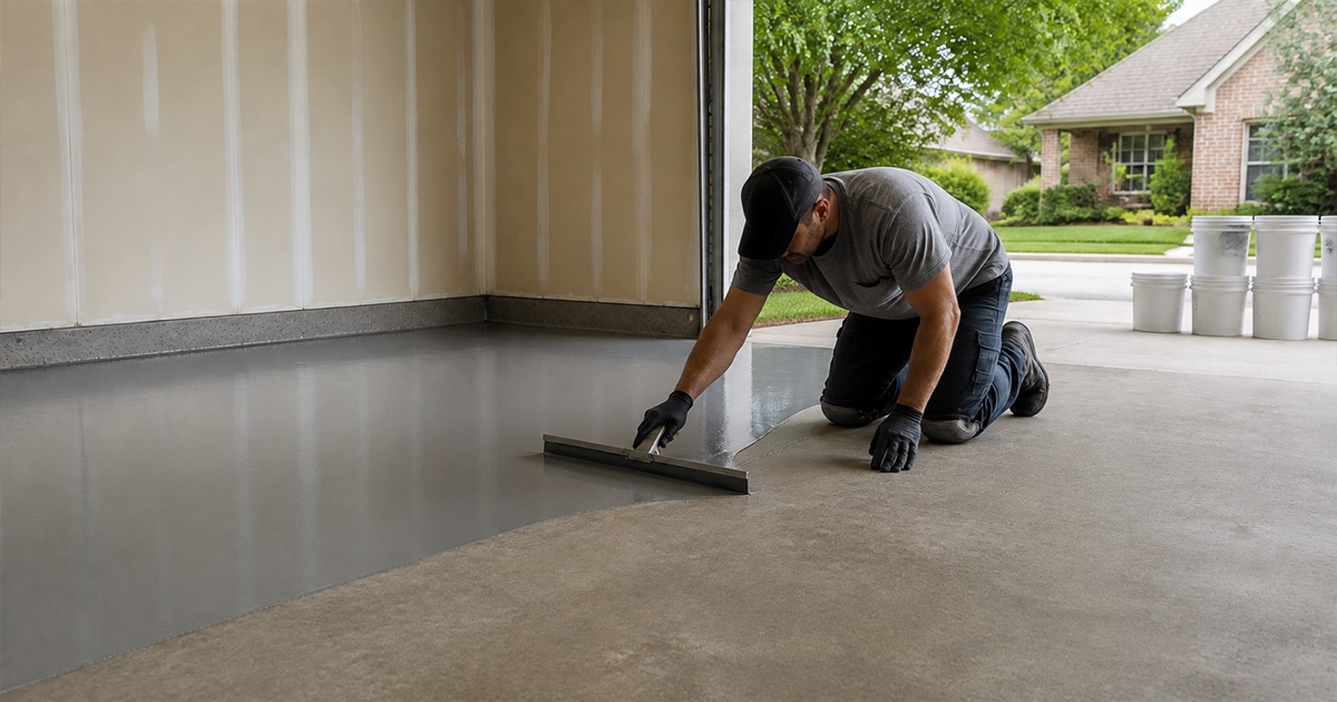 Gloved hand pressing a squeegee blade flat against a wet epoxy base coat in a cleared garage bay